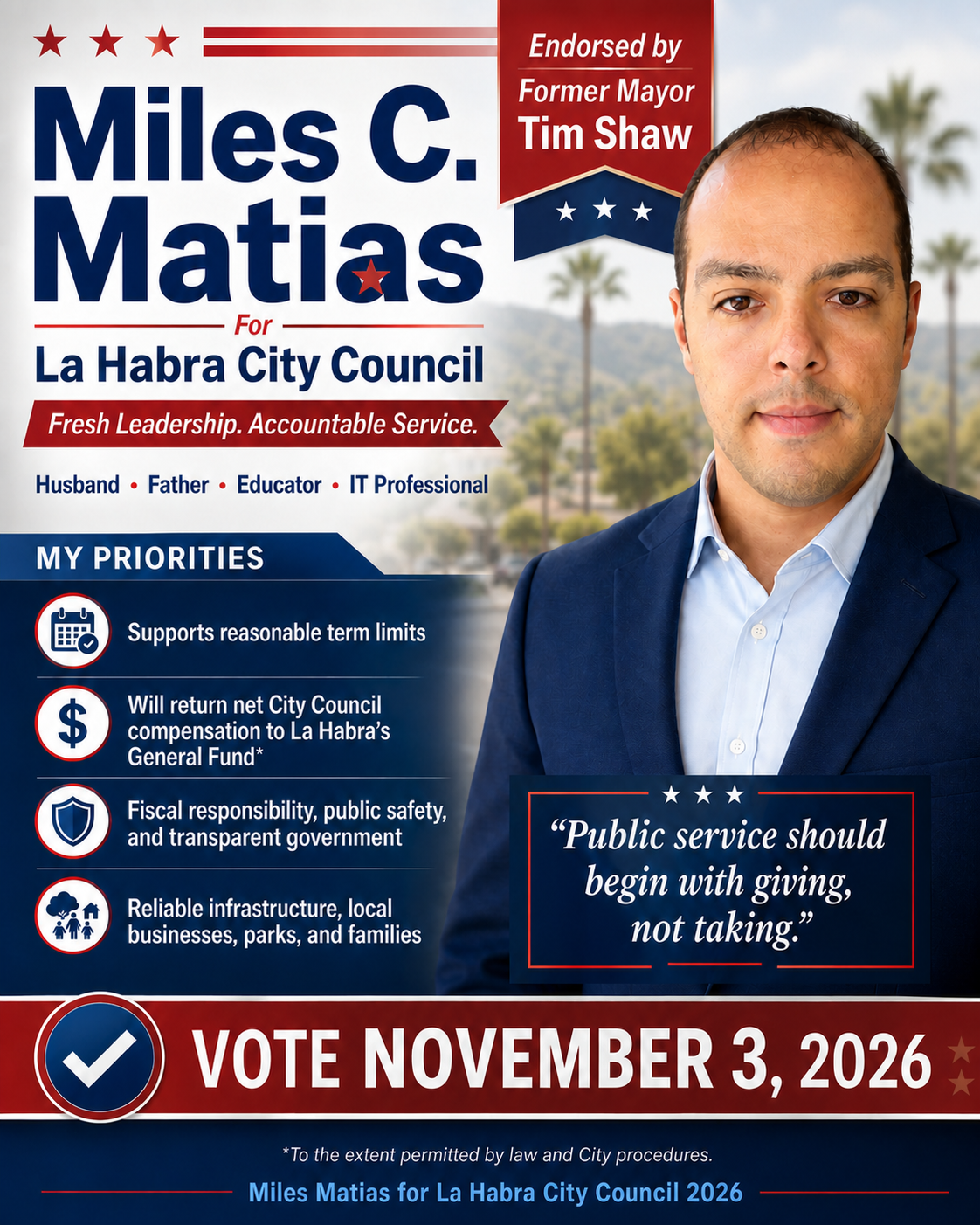 Miles Matias for La Habra City Council campaign graphic